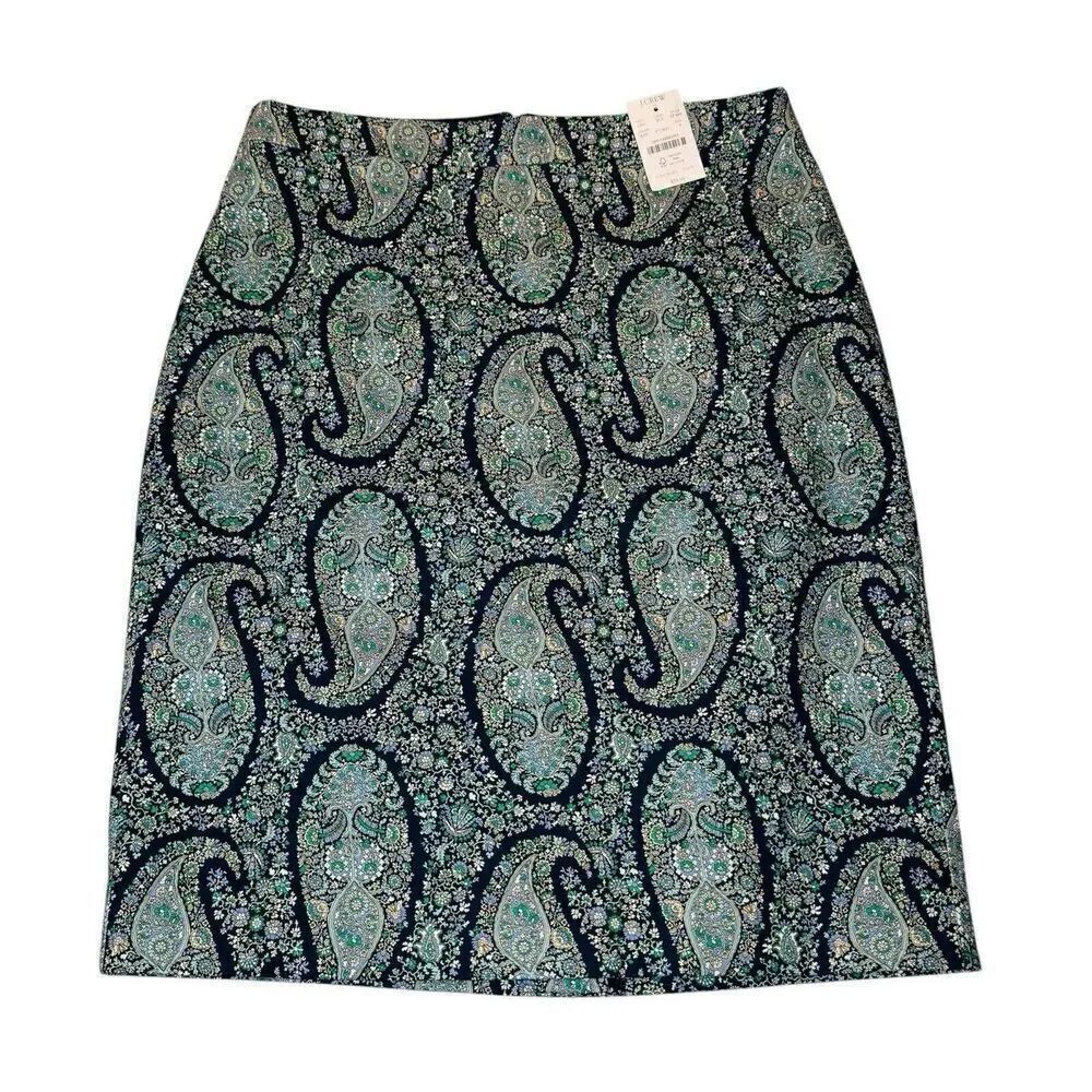 J Crew Sz 4 NWT $79.50 Cotton Stretch Sateen Pencil Skirt Floral Paisley Teal